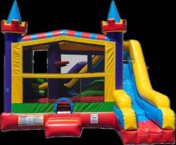 Inflatable bounce house with slide for kids' parties and events. Perfect for entertainment and outdo.